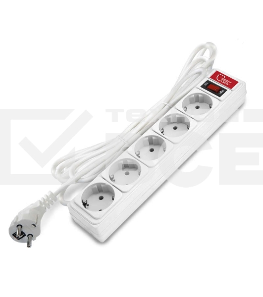 Удлинитель с сетевым фильтром 5х3 м 10А ПВС 3х0.75 белый, Союз 1325