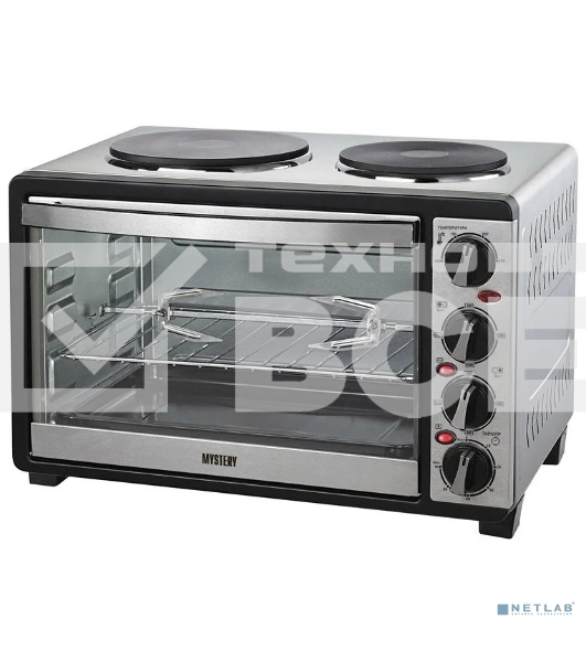 Мини-печь Mystery MOT-3330 (нержавеющая сталь, 1500 Вт, 2 конфорки, гриль, съемный вертел)