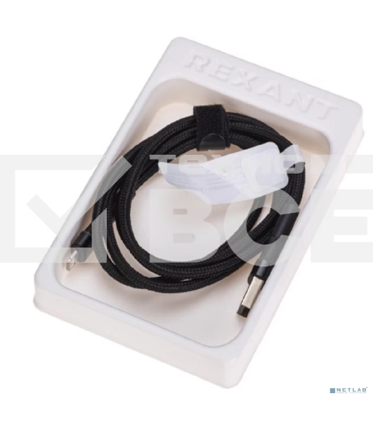 Кабель Rexant USB-A - Lightning для Apple, 2,4А, 1м, в черной нейлоновой оплетке, с LED подсветкой