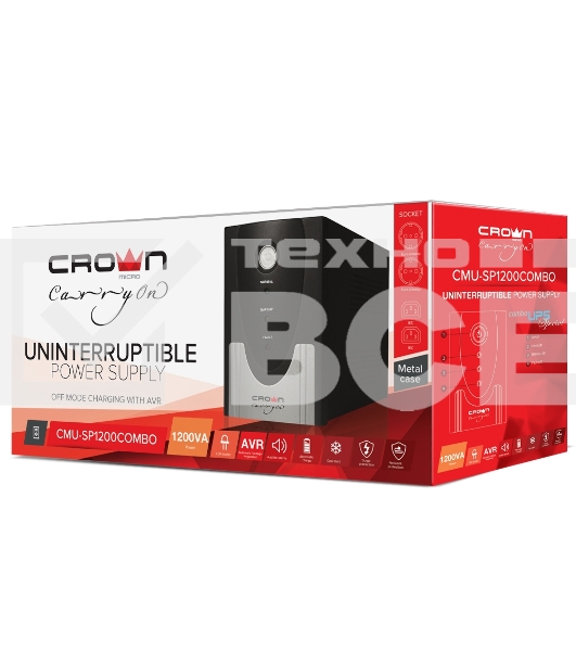 Источник бесперебойного питания CROWN CMU-SP1200 COMBO 1200VA/720W, металл, 2x12V/9AH, розетки 2*IEC + 2*EURO, трансформатор AVR 145-280V, съемный кабель 1.2м, фильтр телефонной и ethernet линии RJ11/45, защита батареи, от перегрузки, от КЗ, ПО