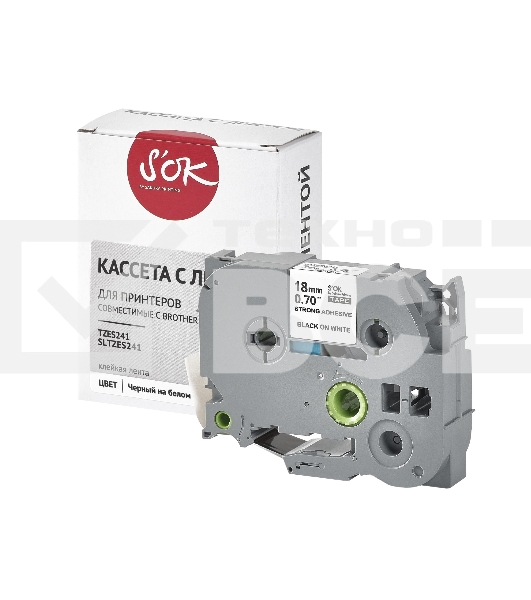 Кассета с лентой S'OK by Sakura Printing TZES241 для Brother, черный на белом, 18мм/8м, наклейка
