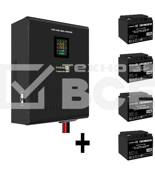 Комплект ИБП EX296005RUS + батарея 40Aч EX282976RUS 4шт (инвертор, синус, для котла, настенный) ExeGate FineSine SX-7000.LCD.AVR.2SH.T <7000VA/5000W, чистая синусоида, цветной LCD-дисплей, AVR, 2*Schuko+клеммы, линейно-интерактивный, крепление настенное, 