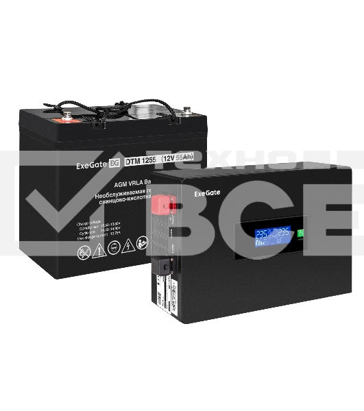 Комплект Источник бесперебойного питания EX295992RUS + батарея 55Aч EX285667RUS 1шт (инвертор, синус, для котла, PF=1, настенный) ExeGate IdealSine SR-600.LCD.2SH <600VA/600W, чистая синусоида, цветной LCD-дисплей, 2*Schuko, крепление настенное, Black> + 
