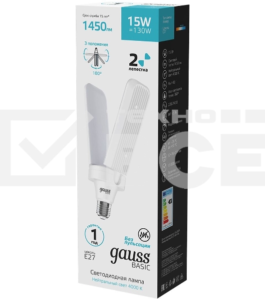 Лампа светодиодная Gauss Basic 11732212 15Вт цок.:E27 клевер 220B 4000K св.свеч.бел.нейт. (упак.:1шт)