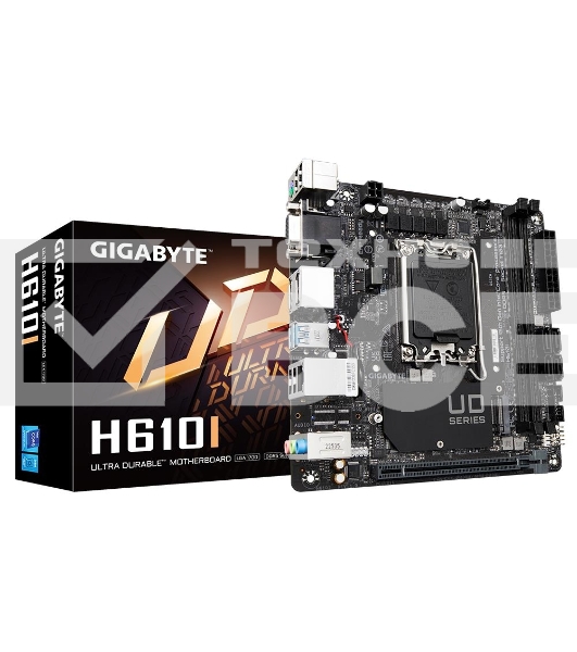 Материнская плата Gigabyte H610I, LGA 1700, Intel H610, 2xDDR5, 4xSATA, 1xM.2, 1xPCIe 4.0 x16, 1xHDMI, 1xVGA, 2xDP, 1x 1Gb LAN, 2xUSB-A 3.2 Gen 1, 4xUSB-A 2.0, 3x 3.5 мм, 7.1, Mini-ITX