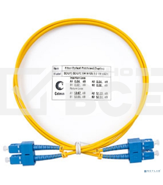 Комм. шнур оптический Cabeus Tight Buffer, Duplex SC/SC, OS2 9/125, LSZH, 1м, Ø 2мм, синий хвостовик, желтый