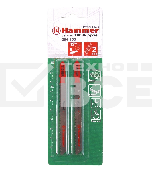 Пилка для лобзика Hammer Flex 204-103 JG WD T101BRдр.\пл, 74мм, шаг 2.5, обр.зуб, HCS, 2шт.