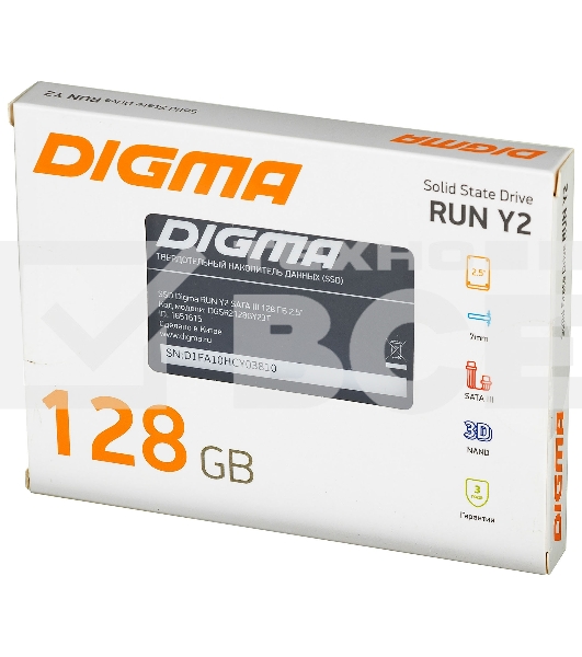 Накопитель SSD Digma Run Y2, 128Gb, SATA III, 2.5', без NVMe, R/W 500/430