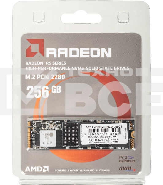 Накопитель SSD AMD Radeon R5 MP256G8, 256Gb, M.2 2280, PCIe 3.0 x4, NVMe, R/W 1780/785
