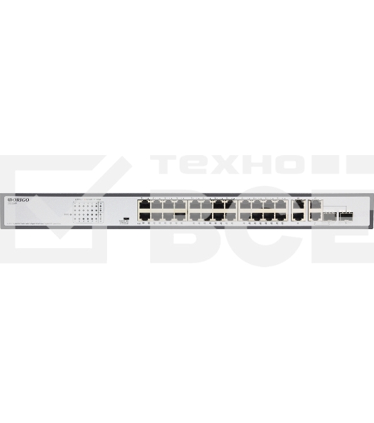 Неуправляемый PoE-коммутатор ORIGO Unmanaged Switch 26x1000Base-T (24x1000Base-T PoE), 2xCombo 1000Base-T/SFP, PoE Budget 370W, Long-range PoE up to 250m, 19