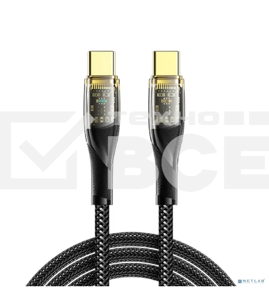 Кабель Rexant Type-C – Type-C, 5А, 100Вт, 1м, в черной нейлоновой оплетке со световой индикацией