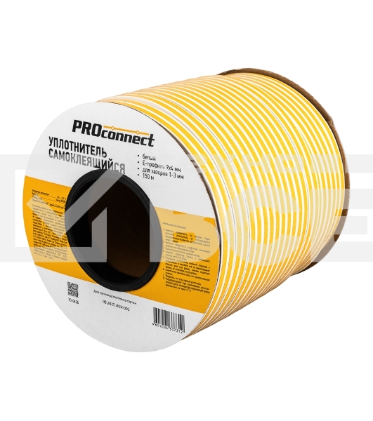 Уплотнитель самоклеящийся, белый, Е-профиль 9х4мм, для зазоров 1-3мм, бухта 150м PROconnect