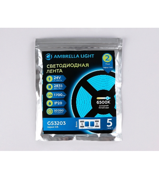 Светодиодная лента Ambrella light GS3213 2835 180Led/ 14.4W m/ 24V IP20 6500K/ 5000*10*1.2mm (2 конт.)