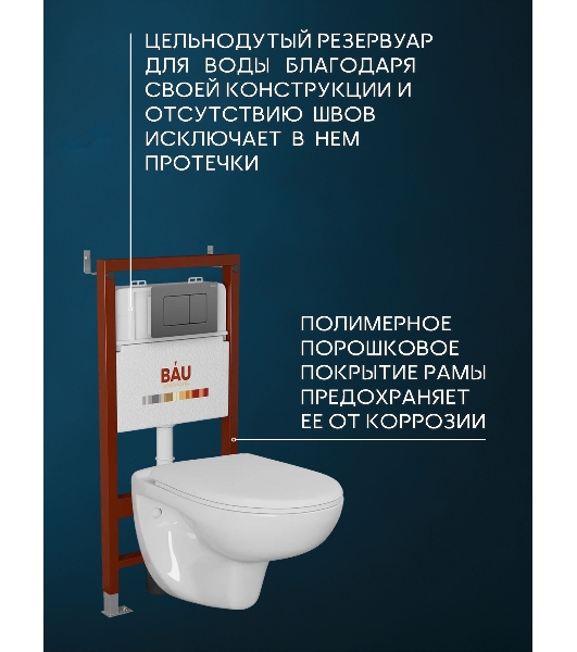 Комплект BAU 6 в 1: инсталляция BAU PRO для подвесного унитаза, унитаз подвесной безободковый Bau Novo, быстросъемное сиденье микролифт, кнопка BAU Stil Gun Grey, нерж. сталь темно-серый металлик