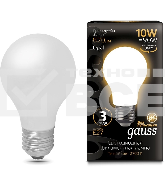 Лампа светодиодная Gauss 10Вт цок.:E27 шар 220B 2700K св.свеч.бел.теп. A60 (упак.:10шт) (102202110)