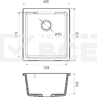 Мойка GRANFEST URBAN 4540 подстольный монтаж 1-чаша 450x400мм, монтаж: универсальный, материал: кварц, черный