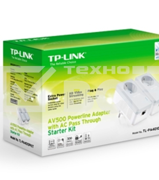 Сетевой адаптер TP-Link TL-PA4010PKIT AV600 Powerline Adapter with AC Pass Through Starter Kit, Ultra Compact Size, 500Mbps Powerline Datarate, 10/100Mbps Fast Ethernet, HomePlug AV, Green Powerline, Plug and Play