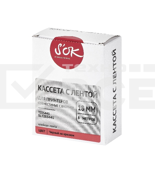 Кассета с лентой S'OK by Sakura Printing TZES441 для Brother, черный на красном, 18мм/8м, наклейка