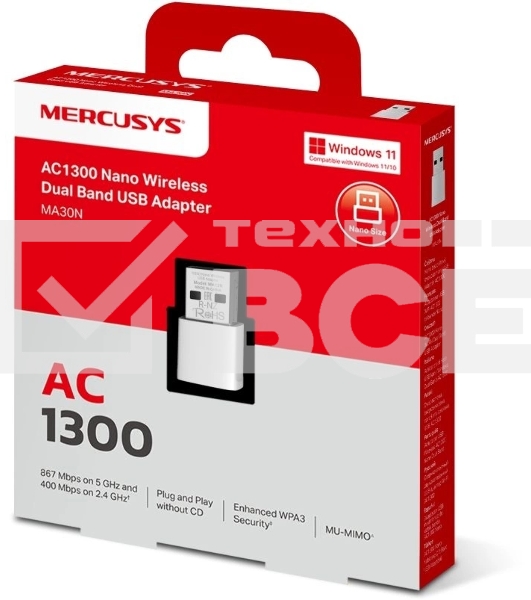 Mercusys MA30N Сверхкомпактный двухдиапазонный USB-адаптер Wi-Fi AC1300