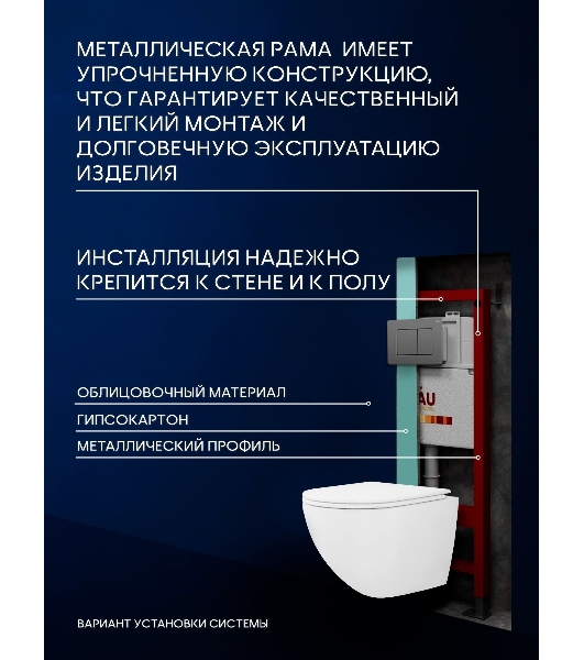 Комплект BAU 6 в 1: инсталляция BAU PRO, унитаз подвесной безободковый вихревой со скрытым сливом Bau Dream Hurricane3, сиденье дюропласт микролифт, кнопка смыва Stil Gun Grey, темно-серый металлик