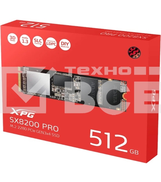 Накопитель SSD XPG SX8200 Pro, 512 Gb, PCIe 3.0 x4, M.2 2280, NVMe, R/W 3350/2350, с радиатором