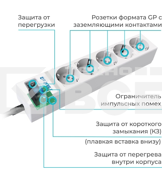 Сетевой фильтр Pilot SG 3 м, 5 розеток, белый, коробка