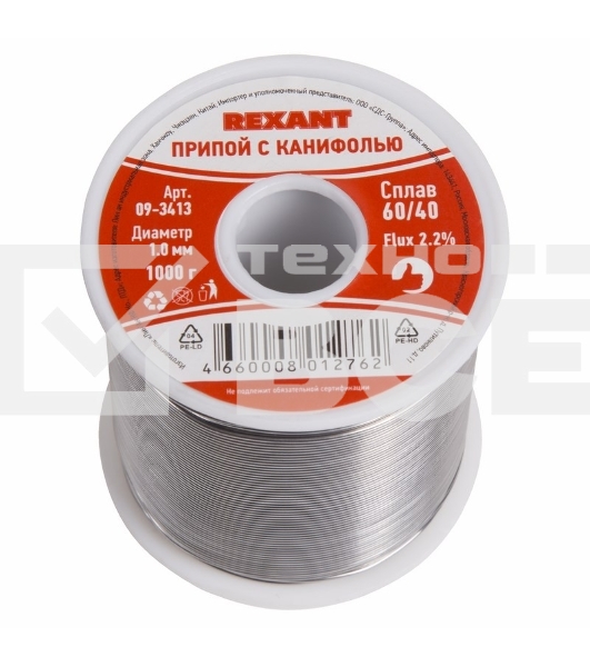 Припой с канифолью Rexant, 1000 г, Ø1.0 мм, (олово 60%, свинец 40%), катушка