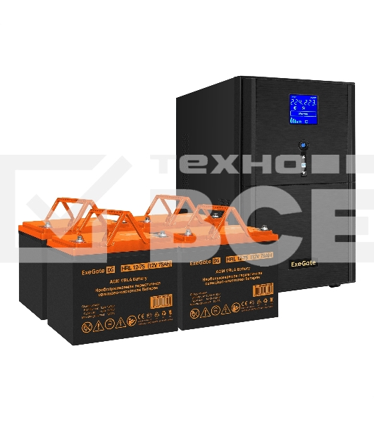 Комплект Источник бесперебойного питания EX295990RUS + батарея 75Aч EX285653RUS 4шт ExeGate SineTower SZ-3000.LCD.AVR.3SH.1C13.RJ.USB + батарея ExeGate HRL 12-75 (12В, 75Ач) 4шт