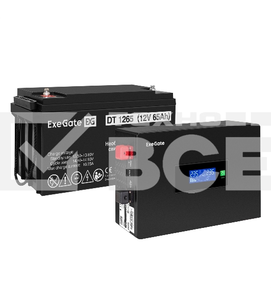 Комплект Источник бесперебойного питания EX295992RUS + батарея 65Aч EX282980RUS 1шт (инвертор, синус, для котла, PF=1, настенный) ExeGate IdealSine SR-600.LCD.2SH <600VA/600W, чистая синусоида, цветной LCD-дисплей, 2*Schuko, крепление настенное, Black> + 