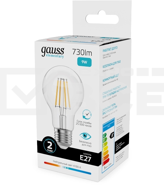 Лампа филам. Gauss Filament 9Вт цок.:E27 груша св.свеч.бел.нейт. (упак.:10шт) (22229)