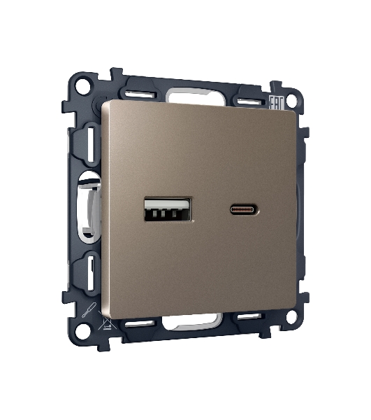 Комплект механизма розетки ALFA Темная бронза матовый 2USB A+C 20W (быстрая зарядка) QUANT (AP6410, VM177) MA641010