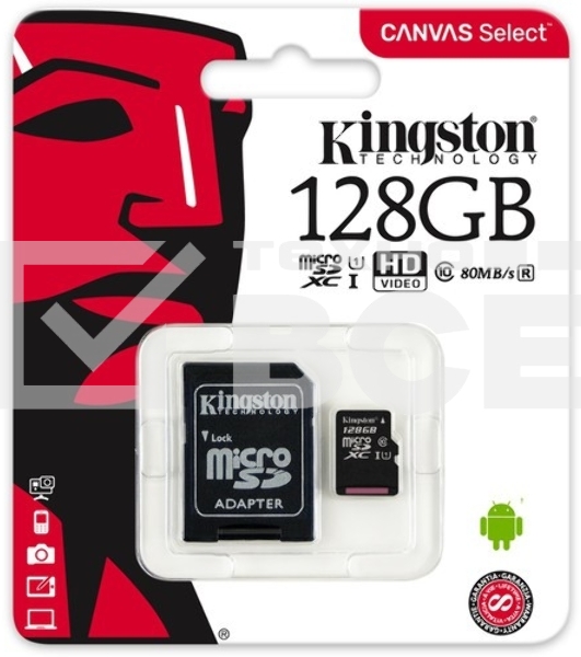 Флеш карта microSDHC 128GB microSDXC Kingston <SDCS2/128GB> Class10 UHS-I Canvas Select up to 100MB/s с адапт.