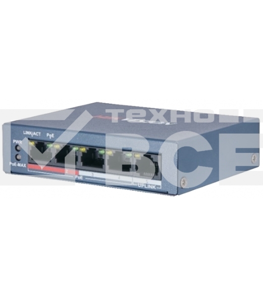 Коммутатор Hikvision DS-3E0105P-E/M(B) 4 RJ45 100M PoE с грозозащитой 6кВ; 1 Uplink порт 100М Ethernet: бюджет PoE 35Вт; поддерживают режим передачи до 250м; таблица MAC адресов на 1000 записей;
