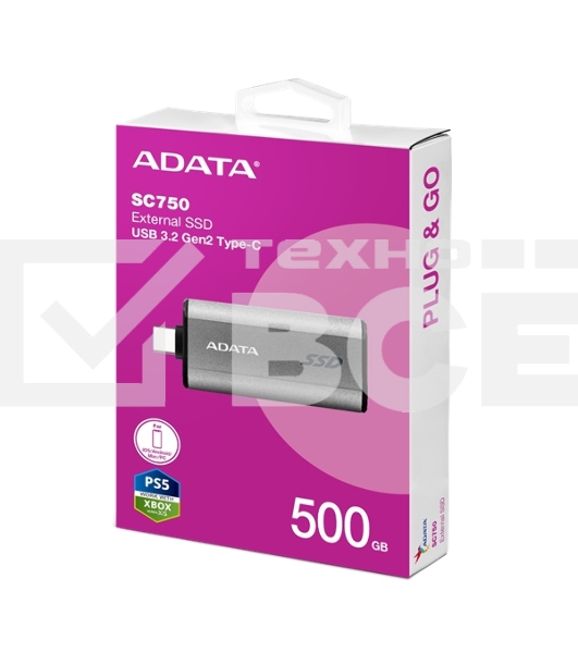 Твердотельный диск A-DATA External SC750 серый SC750-500G-CCBK 500GB USB 3.2 Gen 2 Type-C, [R/W -1050/1000 MB/s]