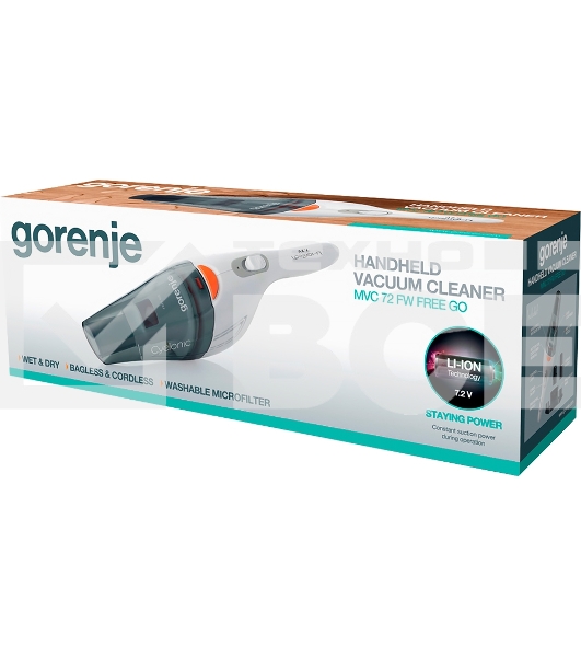 Пылесос ручной Gorenje MVC72FW белый, питание от аккумулятора, 55 Вт, уборка влажная и сухая, пылесборник 0.4 л, работа от АКБ max 14 мин