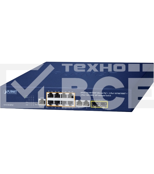 Коммутатор PLANET GS-4210-8P2C IPv4/IPv6, 8-Port Managed 802.3at POE+ Gigabit Ethernet Switch + 2-Port 10/100/1000Mbps RJ45 + 2-Port 100/1000X SFP (120W PoE Budget, 250m Extend mode, supports CloudViewer app, MQTT and cybersecurity features)