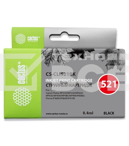 Картридж струйный Cactus CS-CLI521BK черный (8.4 мл) для Canon Pixma MP540/MP550/MP620/MP630/MP640/MP660/MP980/MP990/iP3600/iP4600/iP4700/MX860