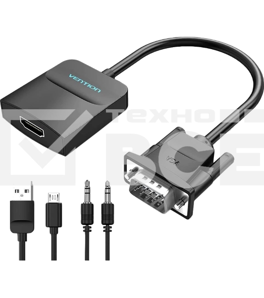 Мультимедиа конвертер Vention VGA + аудио > HDMI, гибкий, черный