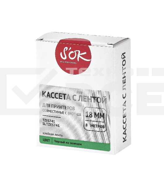 Кассета с лентой S'OK by Sakura Printing TZES741 для Brother, черный на зеленом, 18мм/8м, наклейка