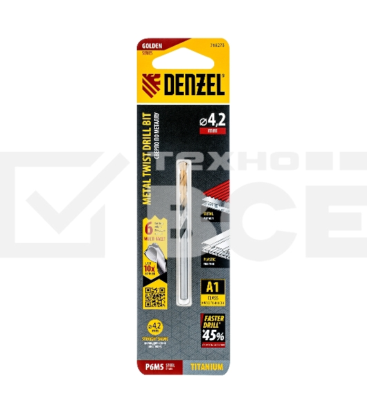 Сверло спиральное по металлу 4,2 x 75мм, Р6М5, Golden Tip, многогранная заточка Denzel