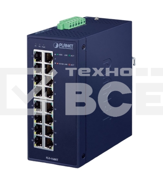 Коммутатор PLANET IGS-1600T IP30 Industrial 16-Port 10/100/1000T Gigabit Ethernet Switch (-40~75 degrees C, dual 12~48V DC/24V AC),UL certified