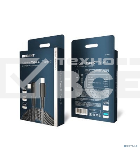 Кабель Rexant Type-C – Type-C, 5А, 100Вт, 1м, в черной нейлоновой оплетке, с угловым штекером и световой индикацией