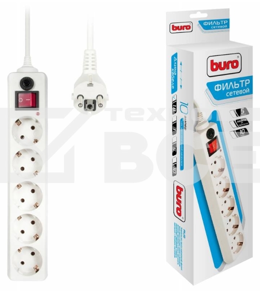 Сетевой фильтр Buro 500SH-1.8-W 1.8м (5 розеток) белый (коробка)