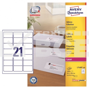 Этикетки Avery Zweckform L7160-100 A4 63.5x38.1мм 21шт на листе/70г/м2/100л./белый самоклей. универсальная
