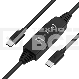Кабель GCR активный 10.0m TypeC-C USB 2.0, M/M, с усилителем сигнала, разъём для доп.питания, черный, 28/24 AWG