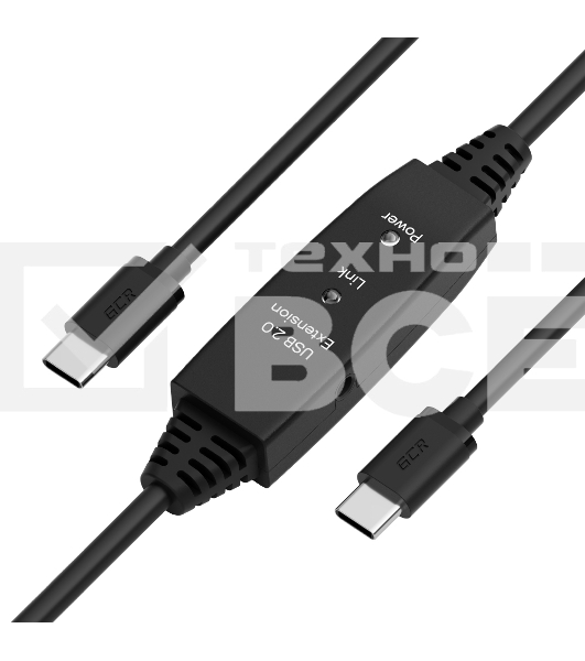 Кабель GCR активный 10.0m TypeC-C USB 2.0, M/M, с усилителем сигнала, разъём для доп.питания, черный, 28/24 AWG