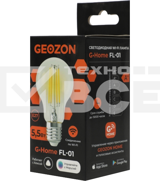 Умная LED лампа филамент GEOZON/E27/A60/5.5W/2200K-5500K/Wi-Fi/AC 220-250В, 50/60Гц/500lm/transparent GSH-SLF01
