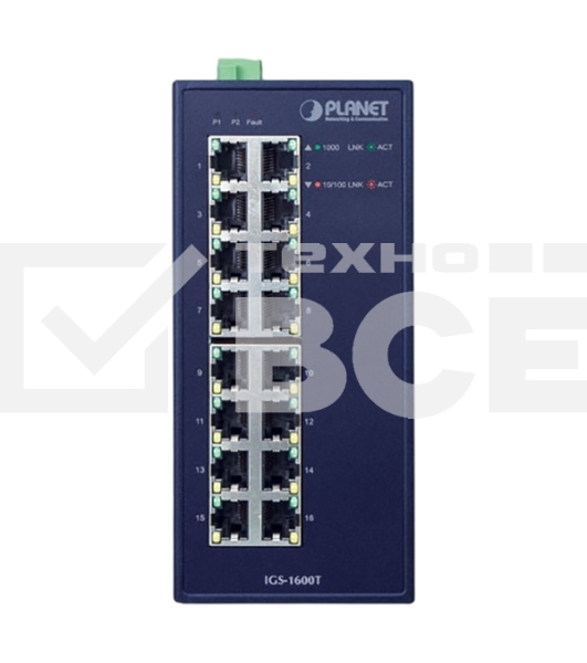Коммутатор PLANET IGS-1600T IP30 Industrial 16-Port 10/100/1000T Gigabit Ethernet Switch (-40~75 degrees C, dual 12~48V DC/24V AC),UL certified