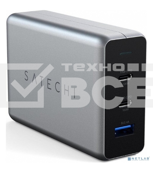Сетевое зарядное устройство Satechi Compact Charger с технологией GaN Power. Порты: USB Type-C 100 Вт х 2, USB Type-A до12 Вт. серый космос. Satechi Compact GaN Charger 100W Type-C PD - Space Gray