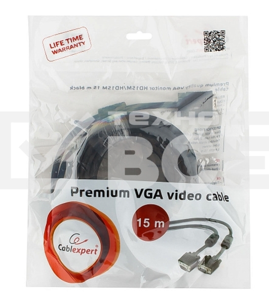 Кабель VGA Premium Cablexpert CC-PPVGA-15M-B, 15M/15M, 15м, черный, тройной экран, феррит.кольца, пакет